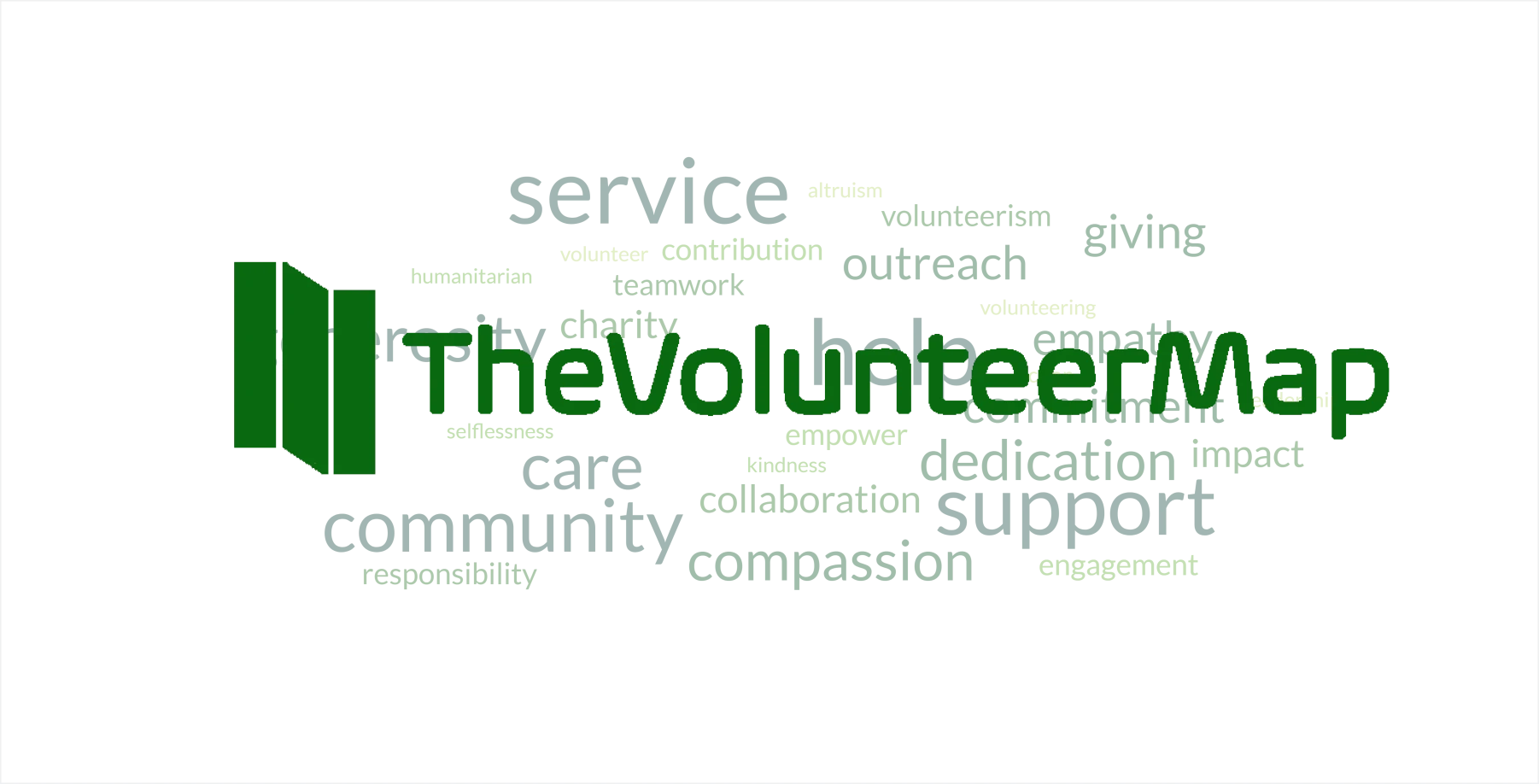 a word map of a large set of words associated with volunteering overlain by TheVolunteerMap logo